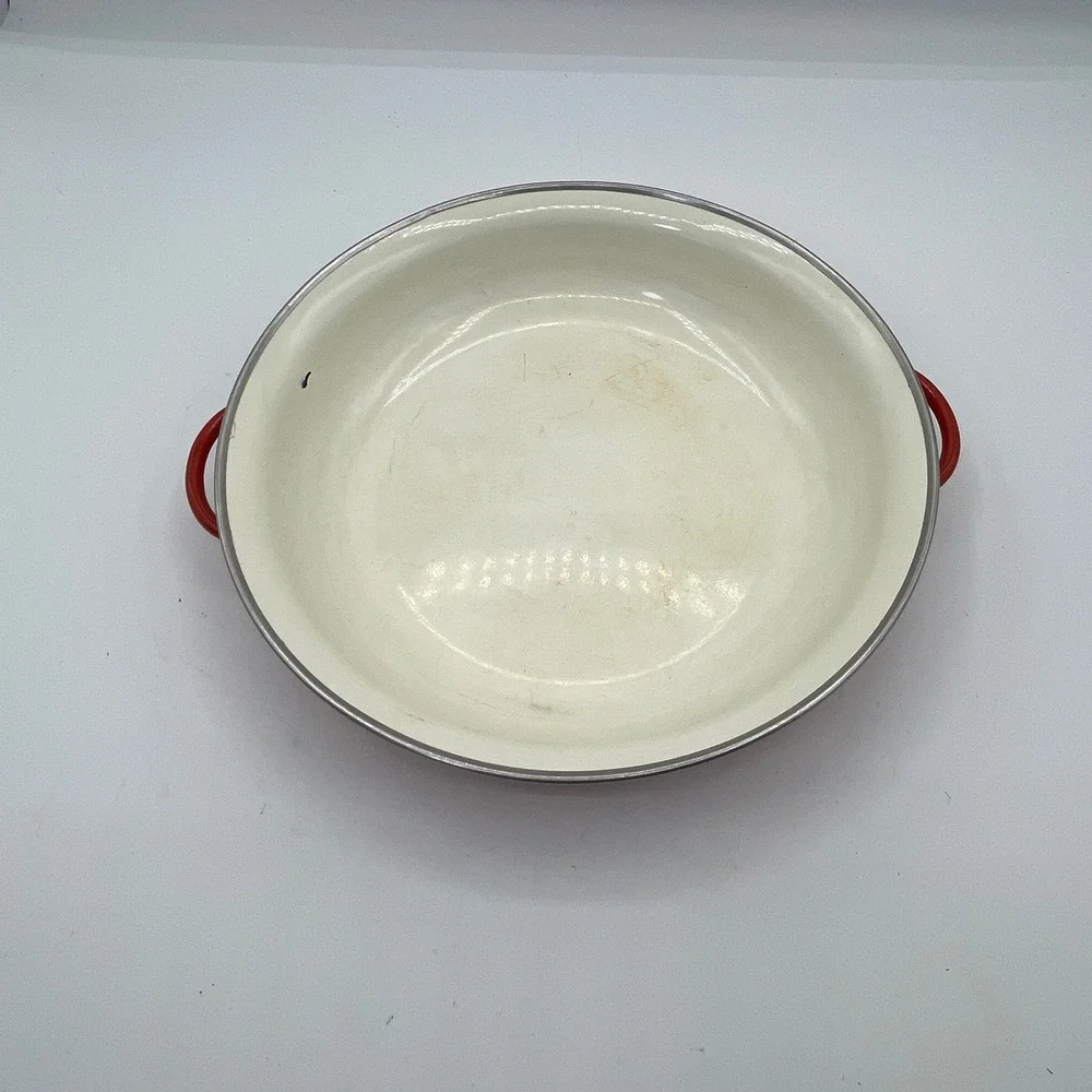 Vintage McM Red Enamel Paella Pan Round Shallow Saute‎ Dish  Duel Handles 9 Inch